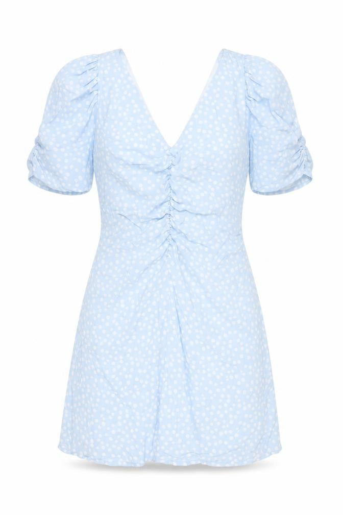 Zara Womens Blue Polka Dot Viscose A-Line Size M V-Neck Zip - Rouched