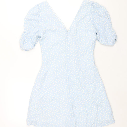 Zara Womens Blue Polka Dot Viscose A-Line Size M V-Neck Zip - Rouched