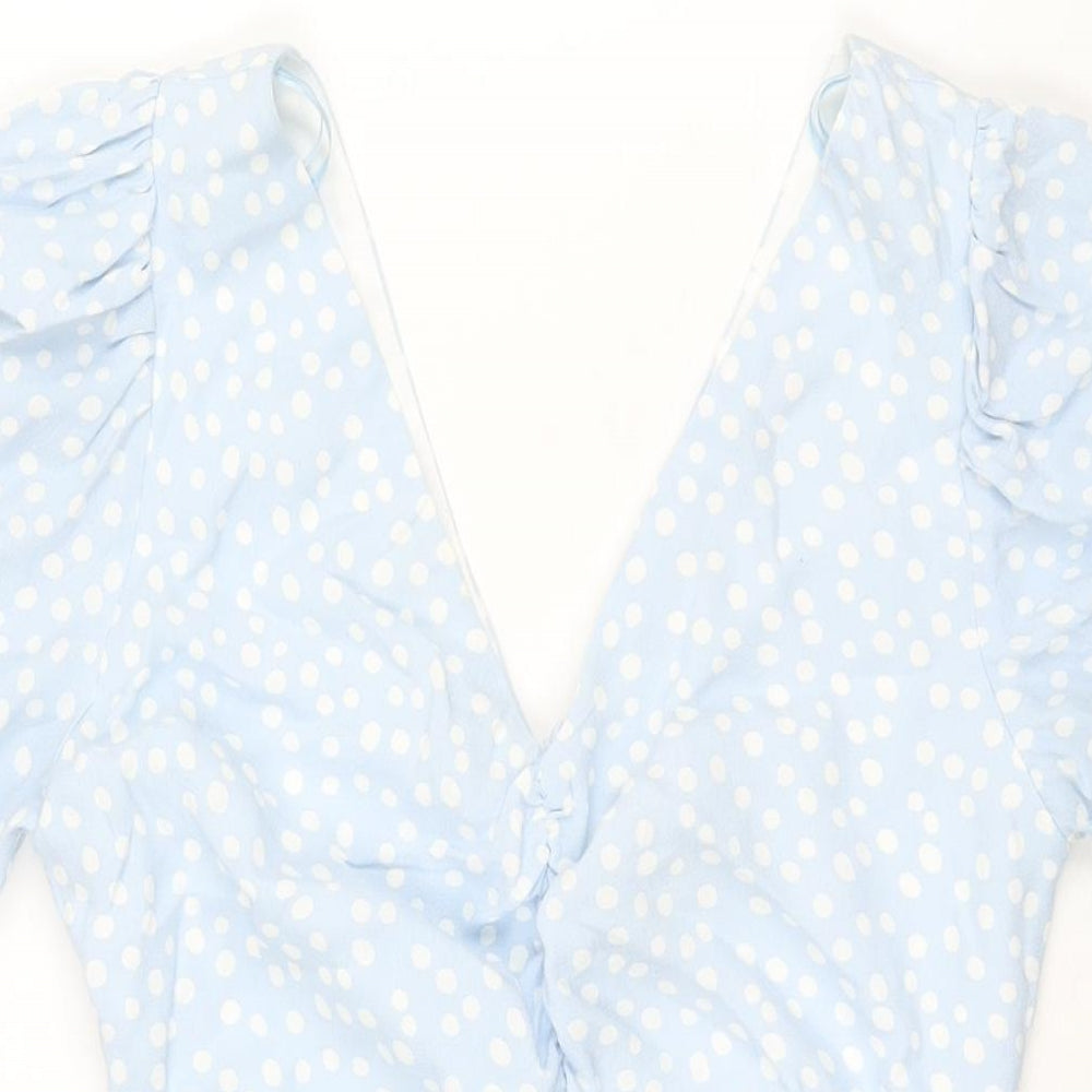 Zara Womens Blue Polka Dot Viscose A-Line Size M V-Neck Zip - Rouched