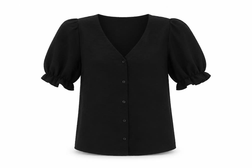 Front view of New Look women’s black polyester basic blouse, size UK 6, v-neck