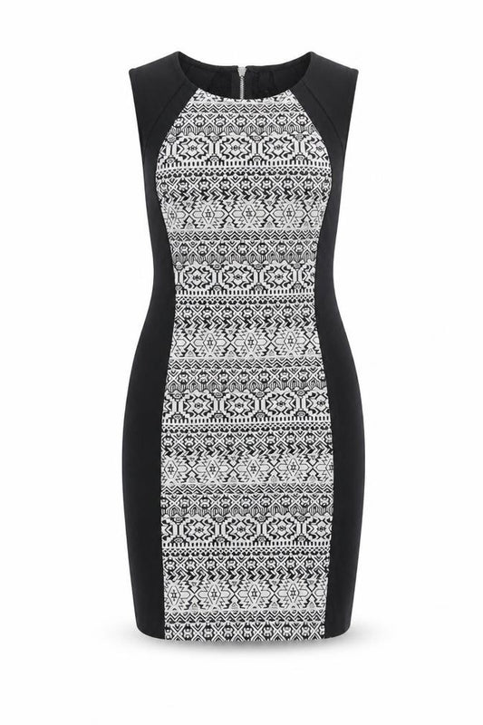 Front view of Divided by H&M women’s black polyester bodycon, size UK 12, round neck zip - geometric print