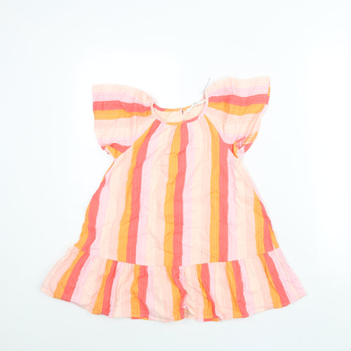 Marks and Spencer Girls Pink Striped Cotton A-Line Size 4-5 Years Round Neck Button