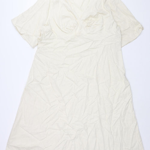 Marks and Spencer Womens Ivory Linen Shift Size 22 V-Neck Zip - Belted