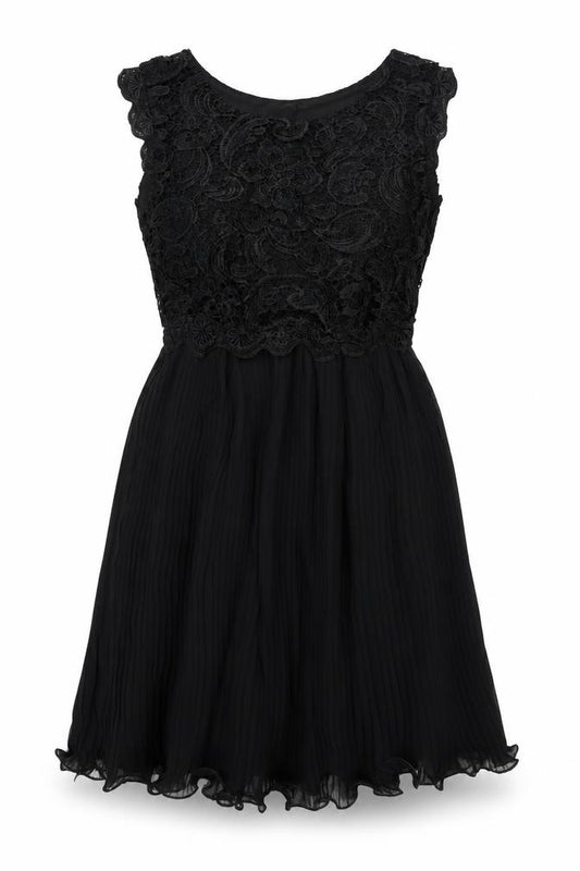 Front view of Boohoo women’s black polyester fit & flare, size UK 10, round neck zip - pleated lace bodice