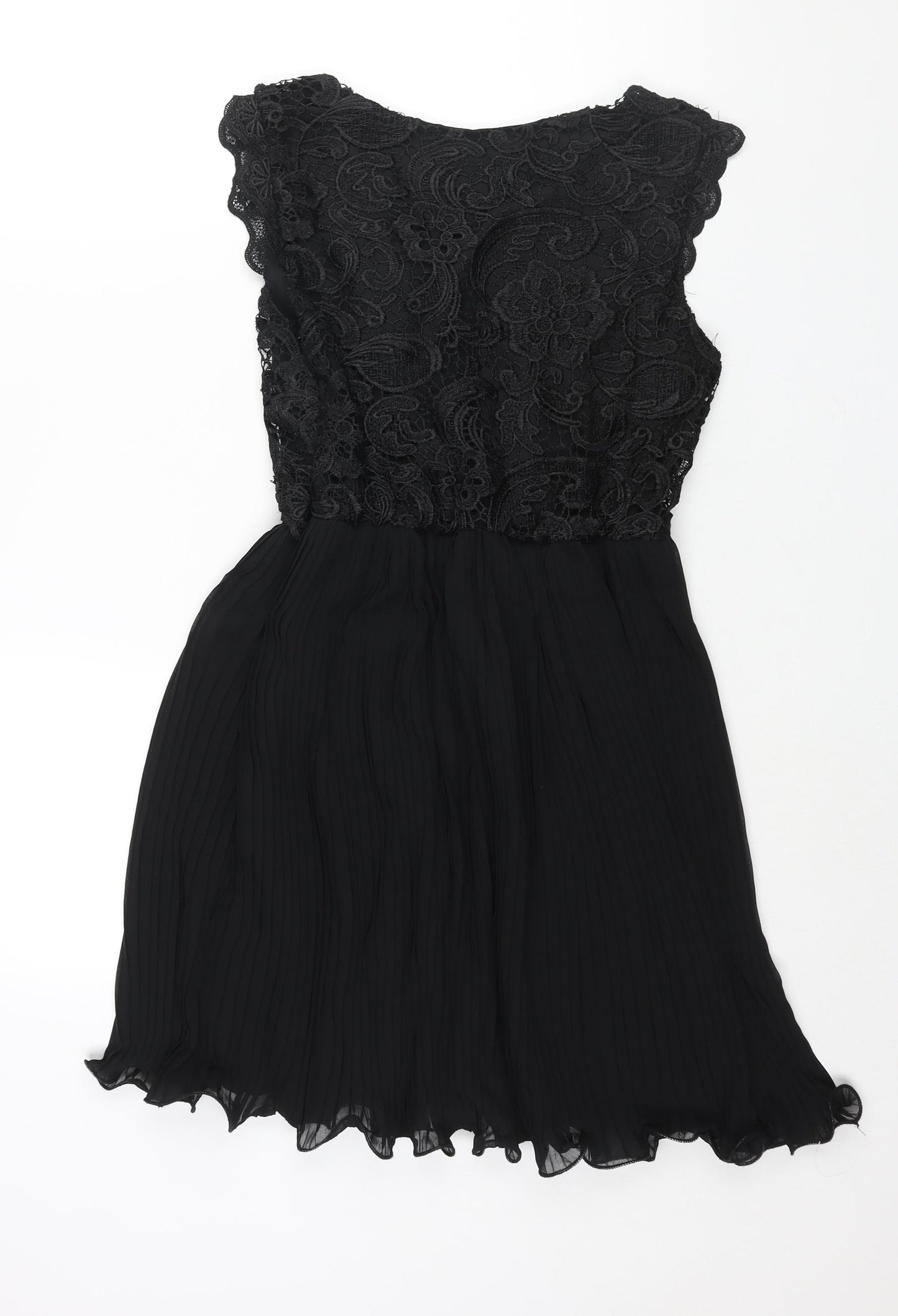 Boohoo Womens Black Polyester Fit & Flare Size 10 Round Neck Zip - Pleated Lace Bodice
