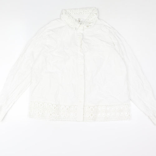 Cotton Traders Womens White Cotton Basic Button-Up Size 14 Collared - Lace Detail