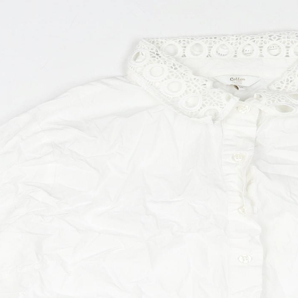 Cotton Traders Womens White Cotton Basic Button-Up Size 14 Collared - Lace Detail