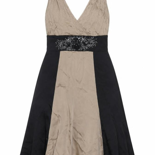 Coast Womens Brown Colourblock Silk Fit & Flare Size 10 V-Neck Zip - Beading Detail