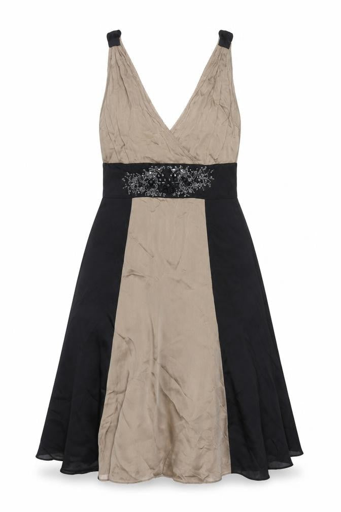 Coast Womens Brown Colourblock Silk Fit & Flare Size 10 V-Neck Zip - Beading Detail