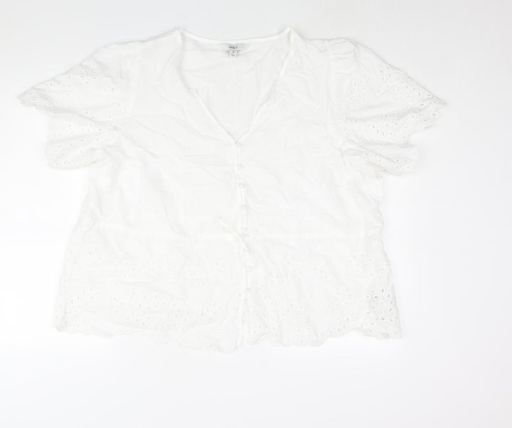 Marks and Spencer Womens White Cotton Basic Blouse Size 24 V-Neck - Peplum Drawstring Lace Detail