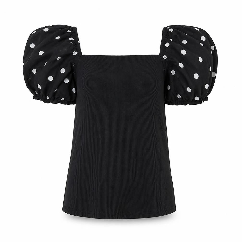 Front view of New Look women’s black polyester basic blouse, size UK 10, square neck - polka dot sleeve