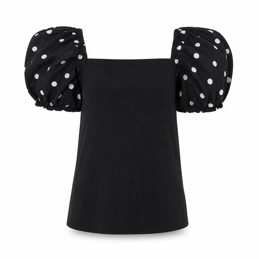 Front view of New Look women’s black polyester basic blouse, size UK 10, square neck - polka dot sleeve