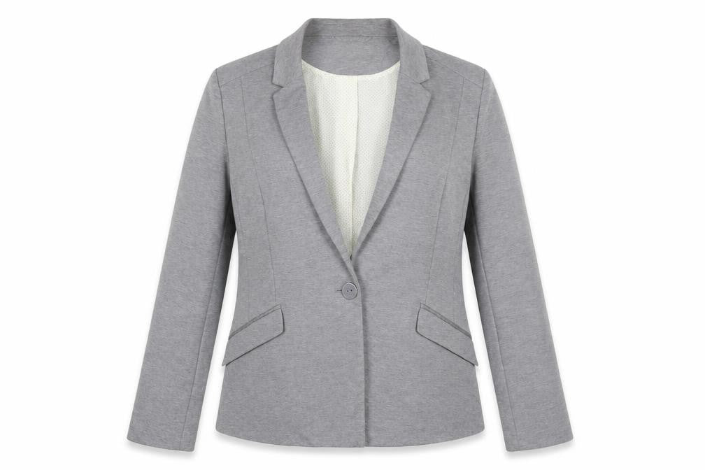 Front view of Oasis women’s grey jacket blazer, size UK 14, button