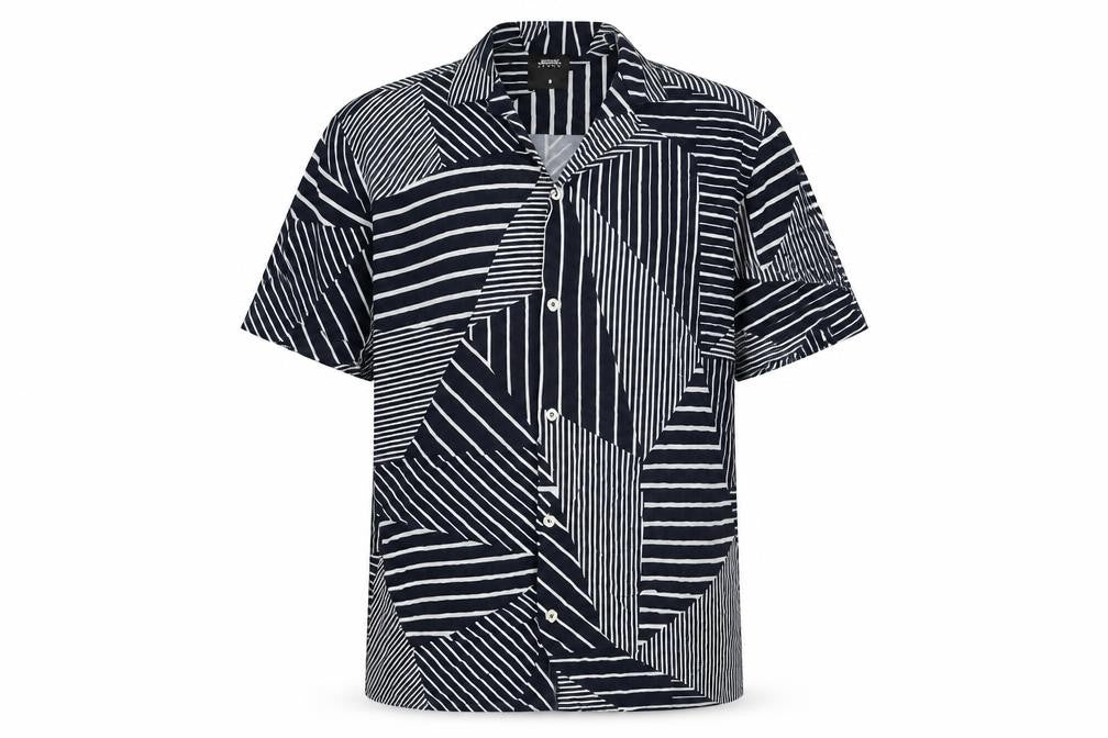 Front view of Burton men’s blue geometric viscose button-up, size M, collared button