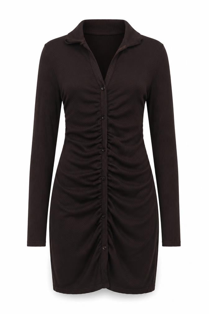 Front view of Pink Vanilla women’s brown polyester bodycon, size UK 8, collared pullover - rouched ribbed button detail