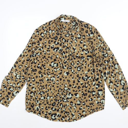 Mango Womens Brown Animal Print Polyester Basic Button-Up Size S Collared - Leopard Print