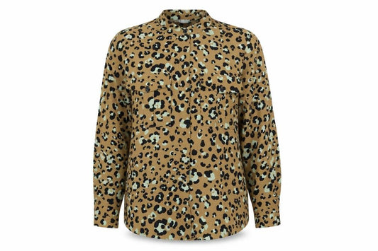 Front view of Mango women’s brown animal print polyester basic button-up, size S, collared - leopard print