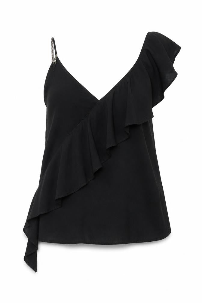 Front view of Next women’s black viscose basic blouse, size UK 10, v-neck - frill asymmetric glitter strap