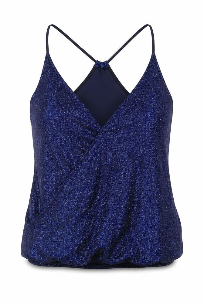 Front view of Next women’s blue viscose camisole blouse, size UK 6, v-neck - glitter elasticated hem