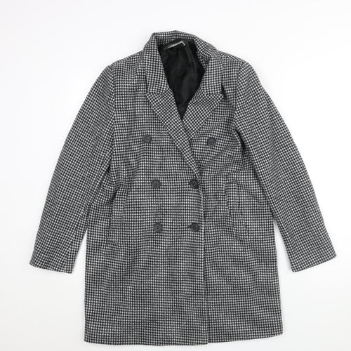 Zara Womens Black Check Overcoat Coat Size M Button - Houndstooth Double Breasted