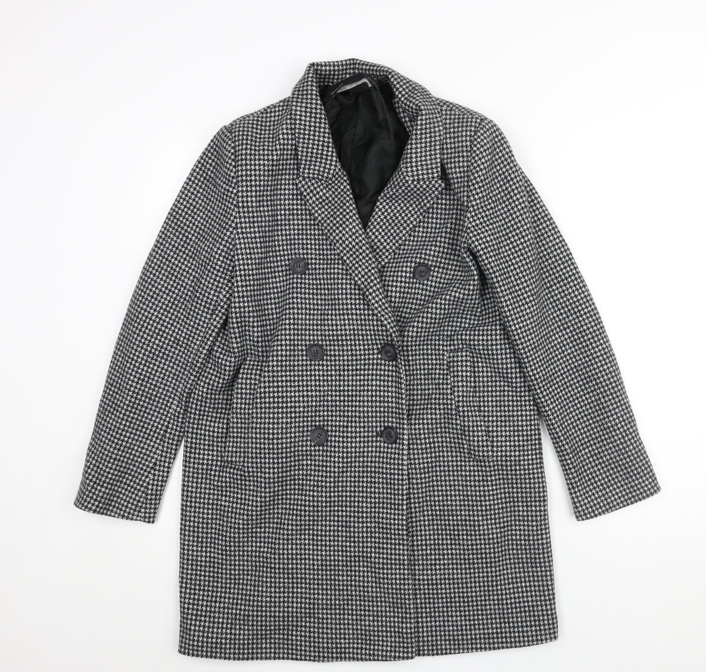 Zara Womens Black Check Overcoat Coat Size M Button - Houndstooth Double Breasted