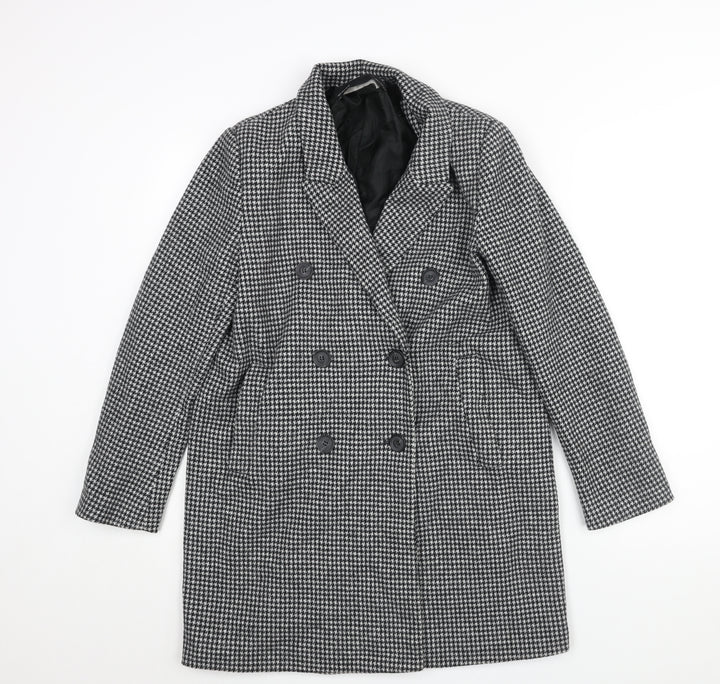 Zara Womens Black Check Overcoat Coat Size M Button - Houndstooth Double Breasted