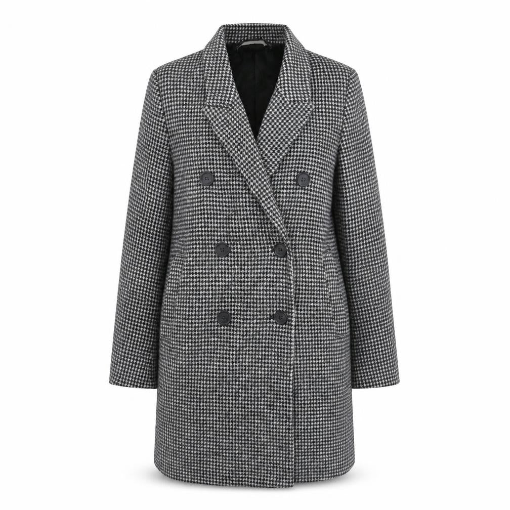 Front view of Zara women’s black check overcoat coat, size M, button - houndstooth double breasted