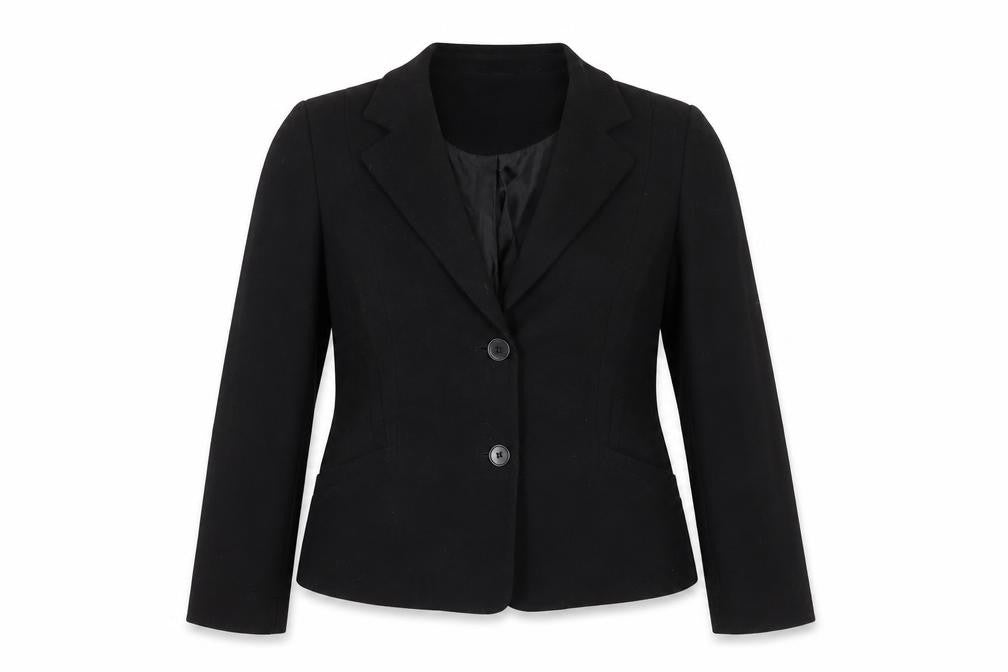 Front view of Precis women’s black polyester jacket suit jacket, size UK 12, - pleat detail