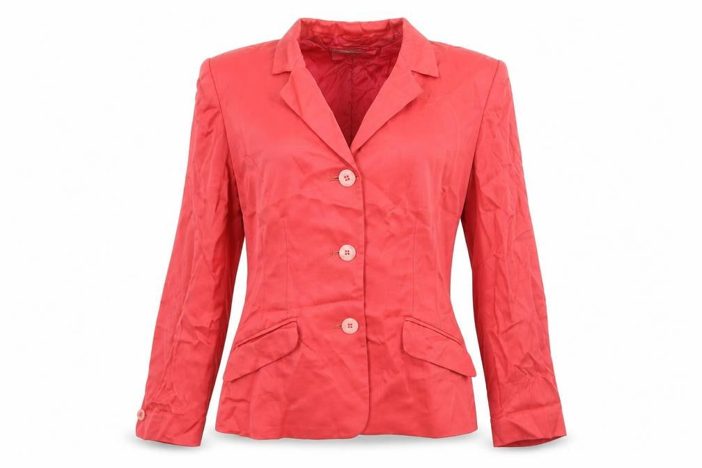 Front view of Country Casuals women’s red viscose jacket blazer, size UK 10