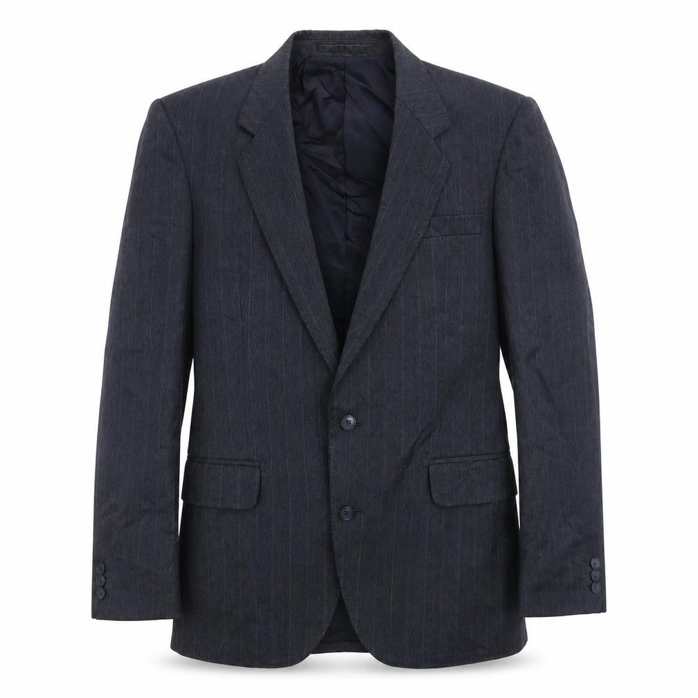 Front view of Benjamin Simon men’s blue striped wool jacket suit jacket, size 40, regular
