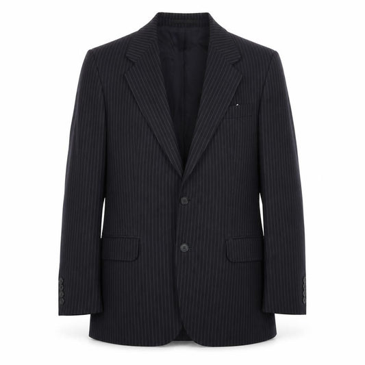 Front view of St Michael men’s blue striped polyester jacket suit jacket, size 38, regular