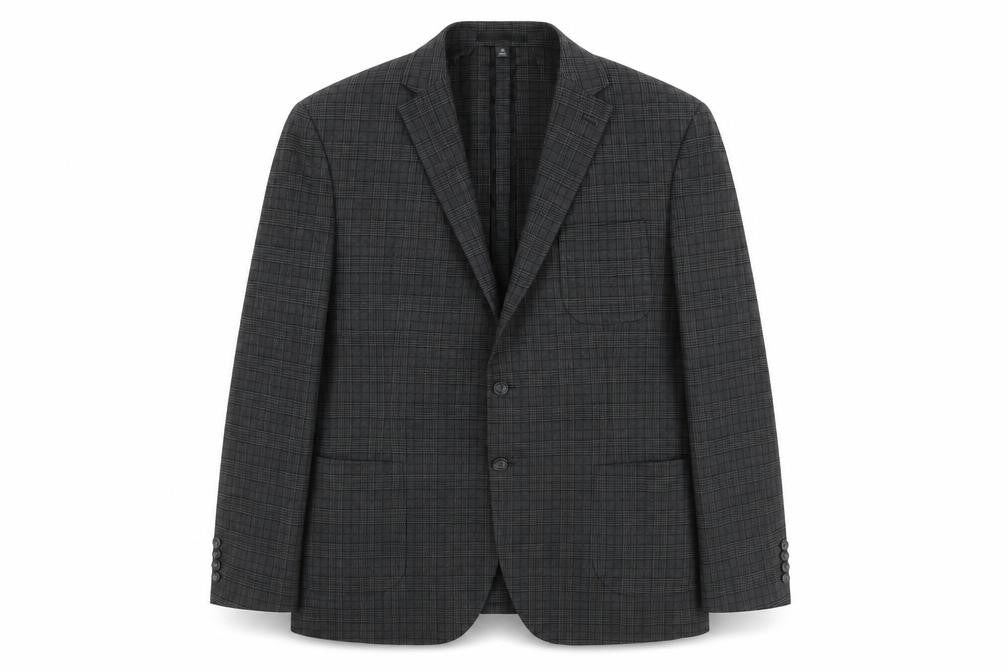 Front view of Marks & Spencer men’s grey check polyester jacket suit jacket, size 46, regular - unlined