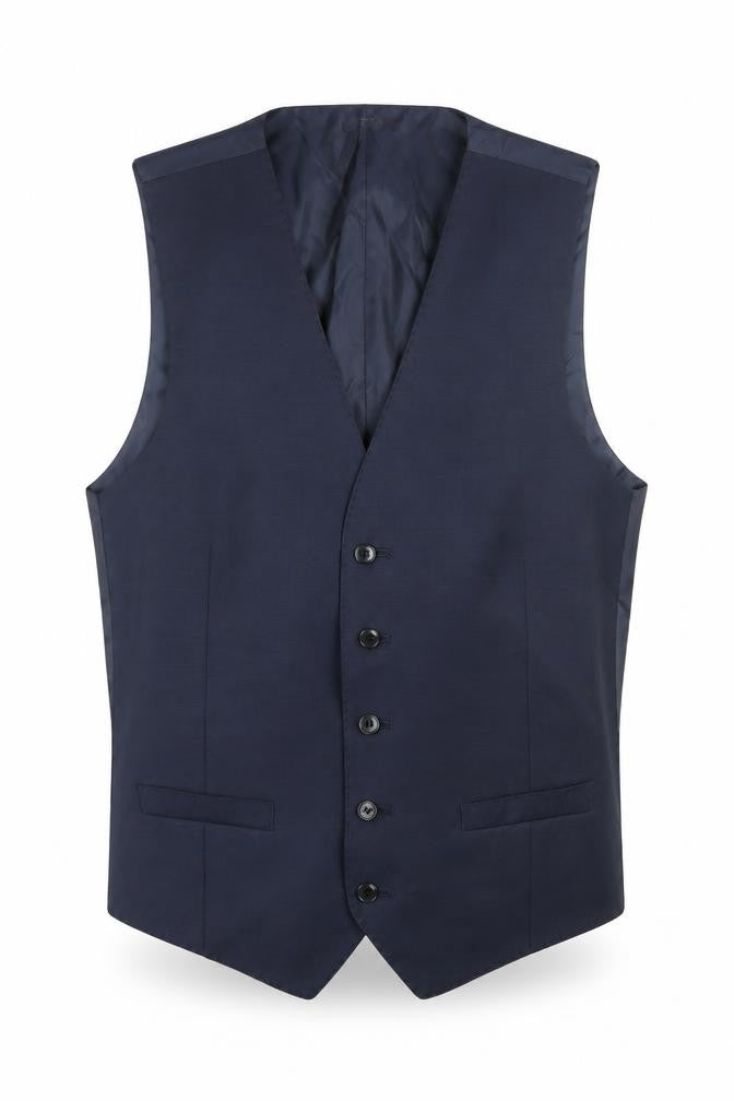 Front view of Marks & Spencer men’s blue polyester jacket suit waistcoat, size 38, regular