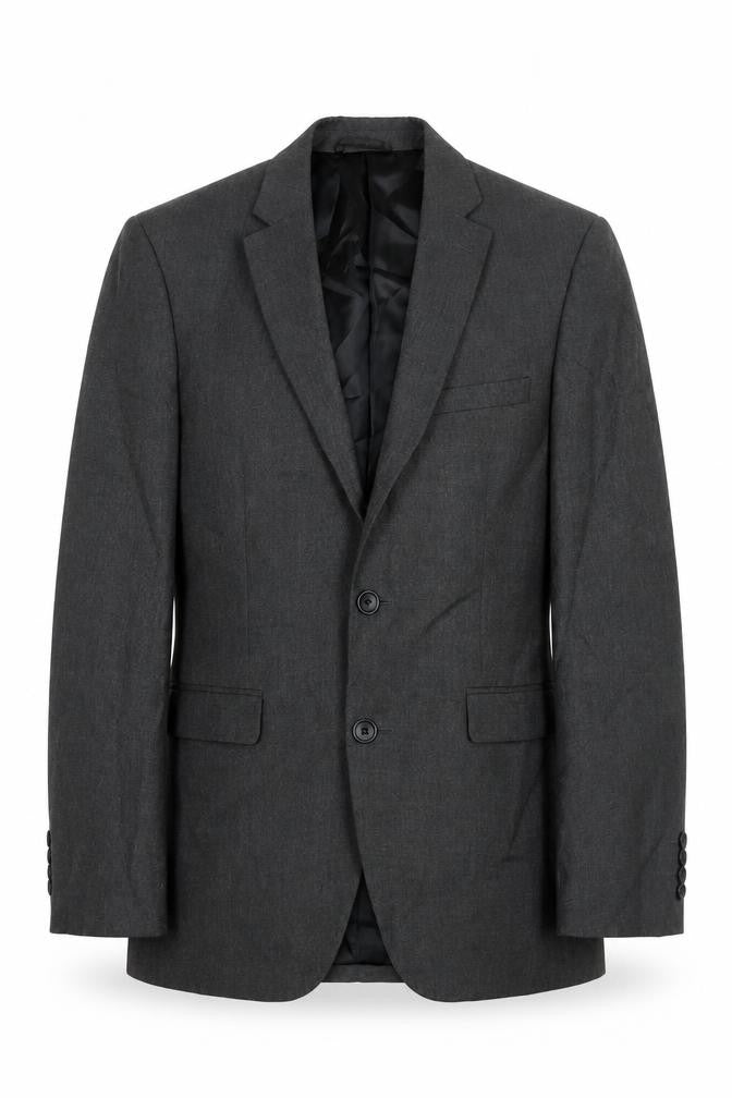 Front view of Burton men’s grey polyester jacket suit jacket, size 36, regular