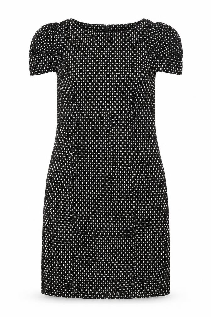 Great Plains London Womens Black Polka Dot Polyester Shift Size S Round Neck Zip - Rouched Sleeve