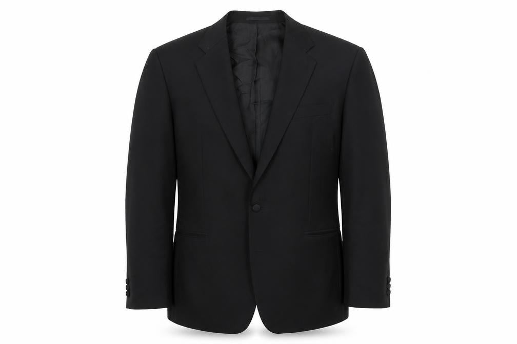Front view of St Michael men’s black polyester tuxedo suit jacket, size 44, regular - satin lapel