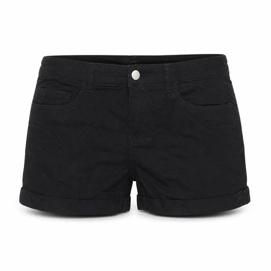 Front view of H&M women’s black cotton boyfriend shorts, size UK 8, regular zip