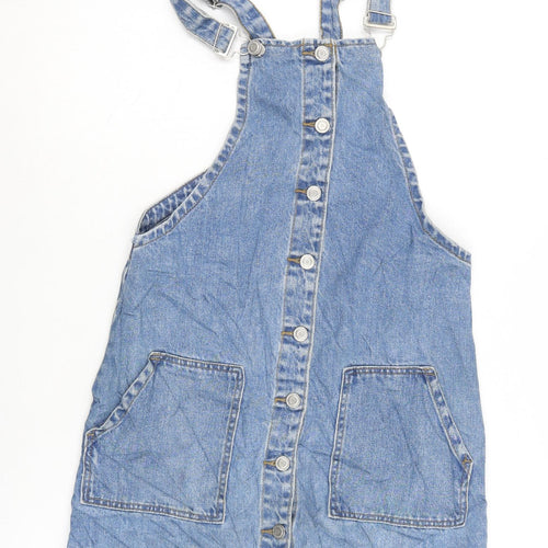 Denim & Co. Womens Blue Cotton Pinafore/Dungaree Dress Size 8 Square Neck Snap