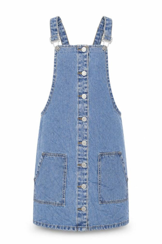 Front view of Denim & Co. women’s blue cotton pinafore/dungaree dress, size UK 8, square neck snap