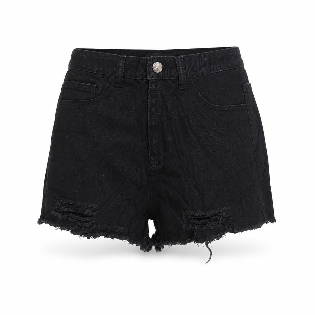 Front view of Missguided women’s black cotton cut-off shorts, size UK 10, regular zip - distressed