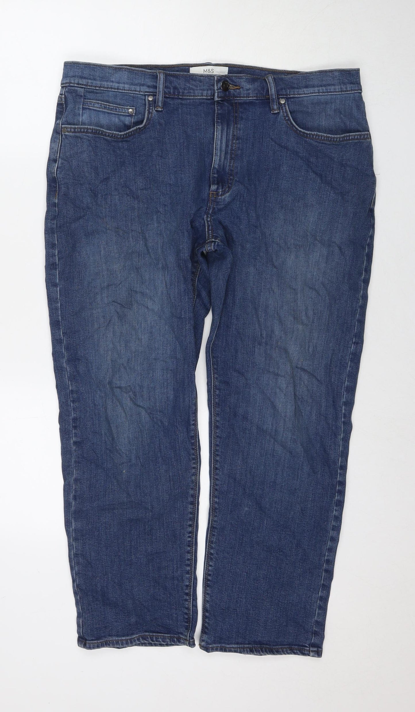 Marks and Spencer Mens Blue Cotton Straight Jeans Size 42 in L29 in Regular Zip