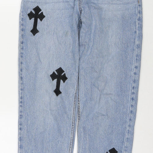 New Look Womens Blue Cotton Mom Jeans Size 8 L28 in Regular Zip - Cross Detail