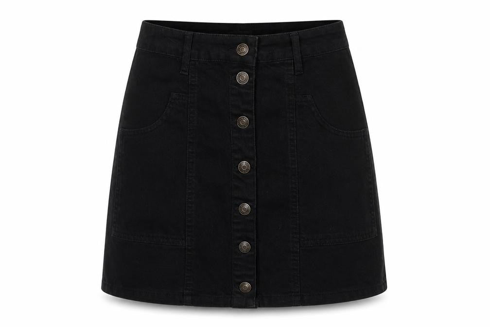 Front view of Stradivarius women’s black cotton a-line skirt, size UK 6, zip