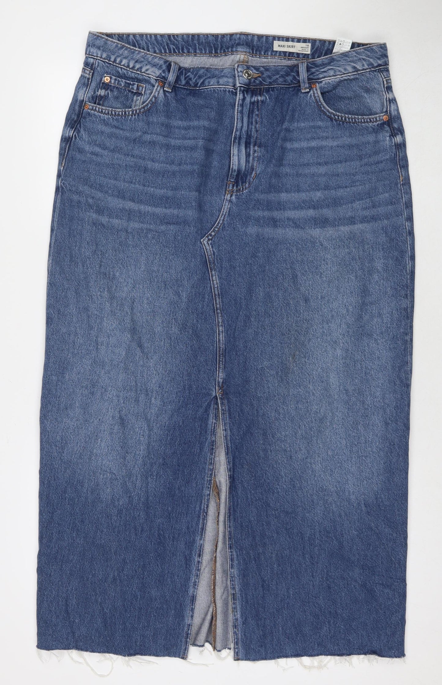 Marks and Spencer Womens Blue Cotton Maxi Skirt Size 18 Zip