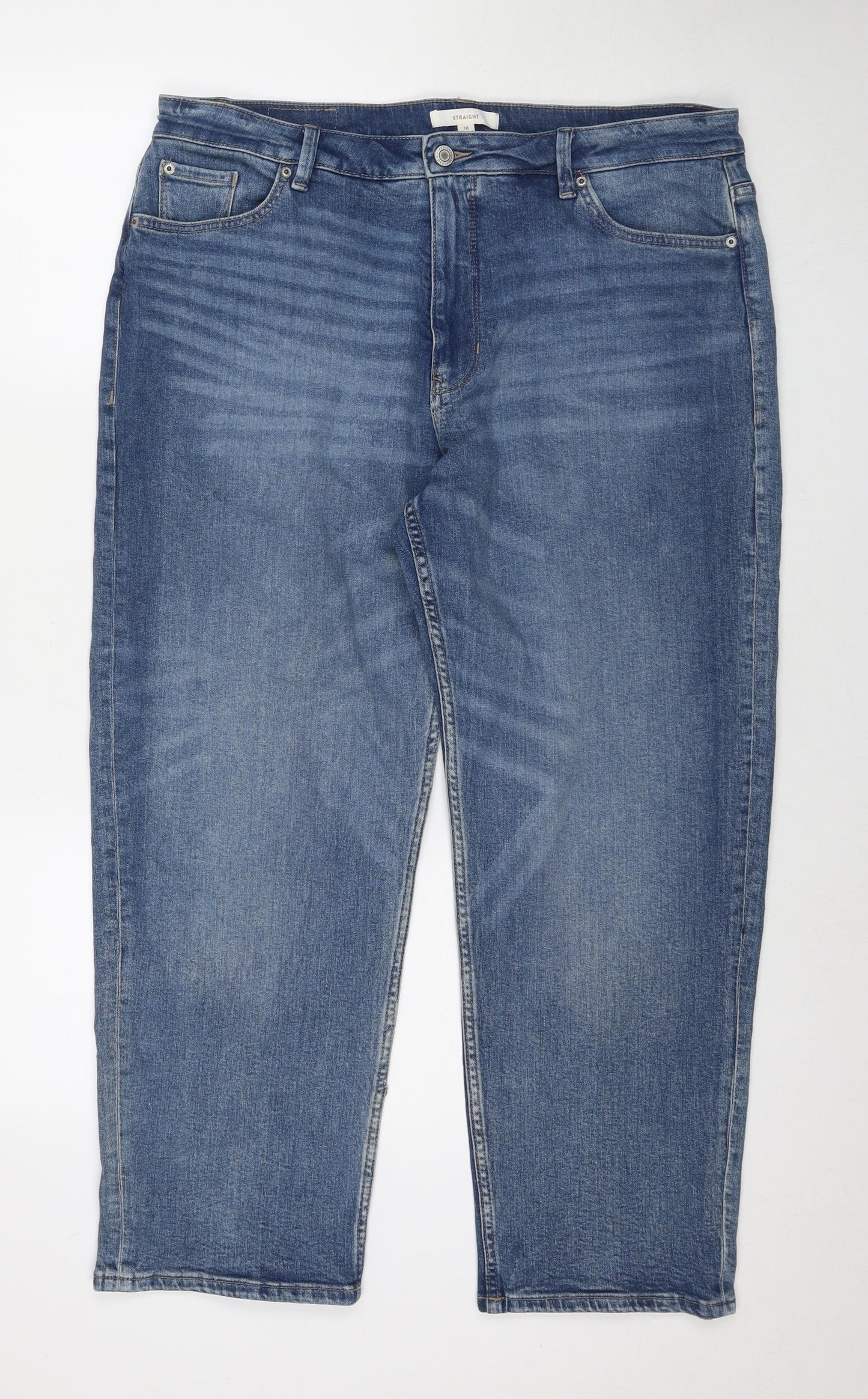 Per Una Womens Blue Cotton Straight Jeans Size 18 L27 in Regular Zip