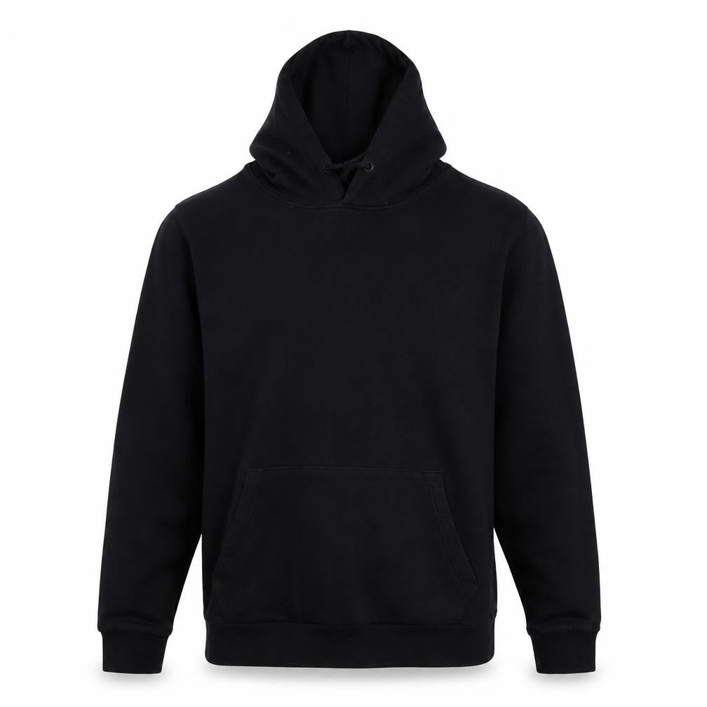 Front view of Topman men’s black cotton pullover hoodie, size M