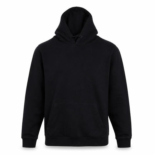 Front view of Topman men’s black cotton pullover hoodie, size M