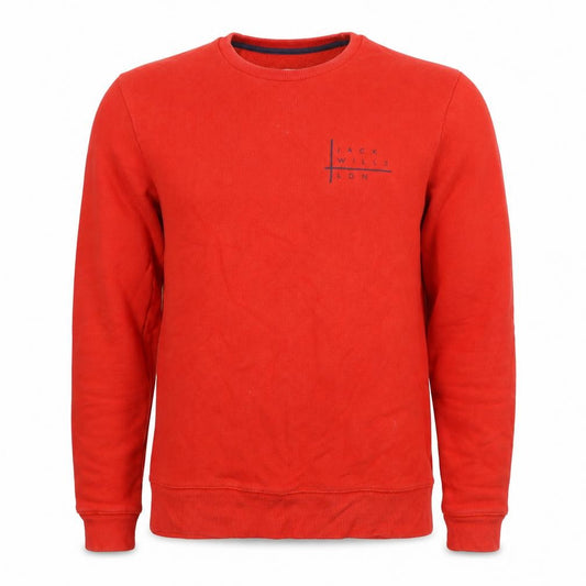 Front view of Jack Wills men’s red cotton pullover sweatshirt, size S, - logo