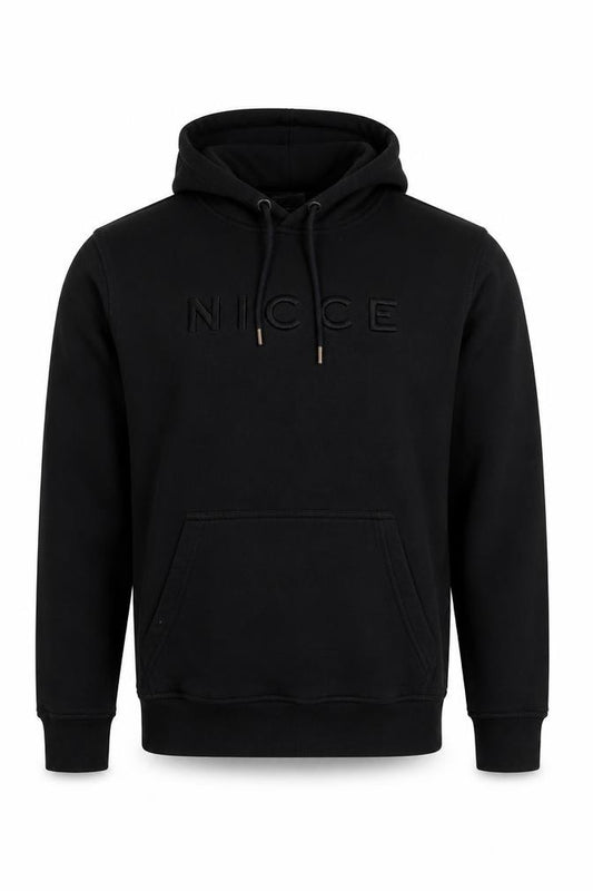 Front view of NICCE London men’s black cotton pullover hoodie, size XS, - logo