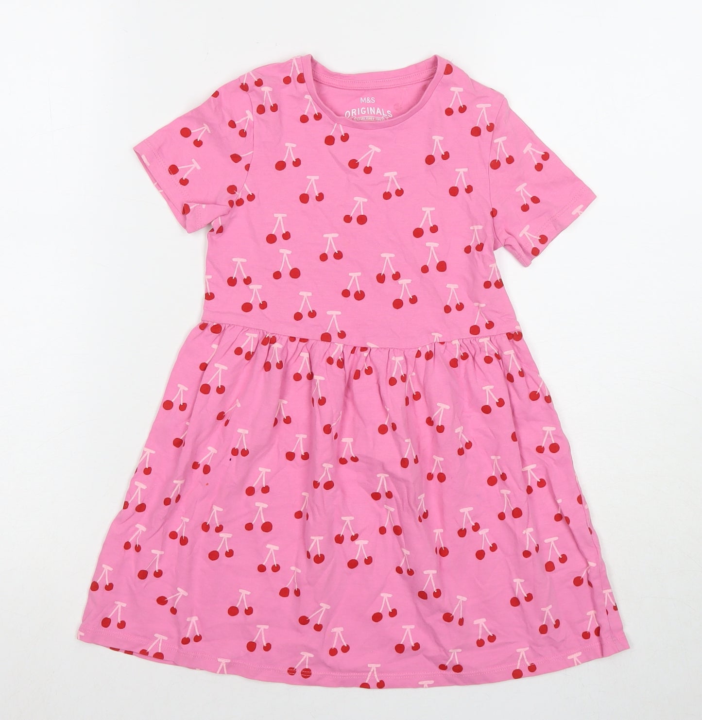 Marks and Spencer Girls Pink Geometric Cotton T-Shirt Dress Size 6-7 Years Round Neck Pullover - Cherries